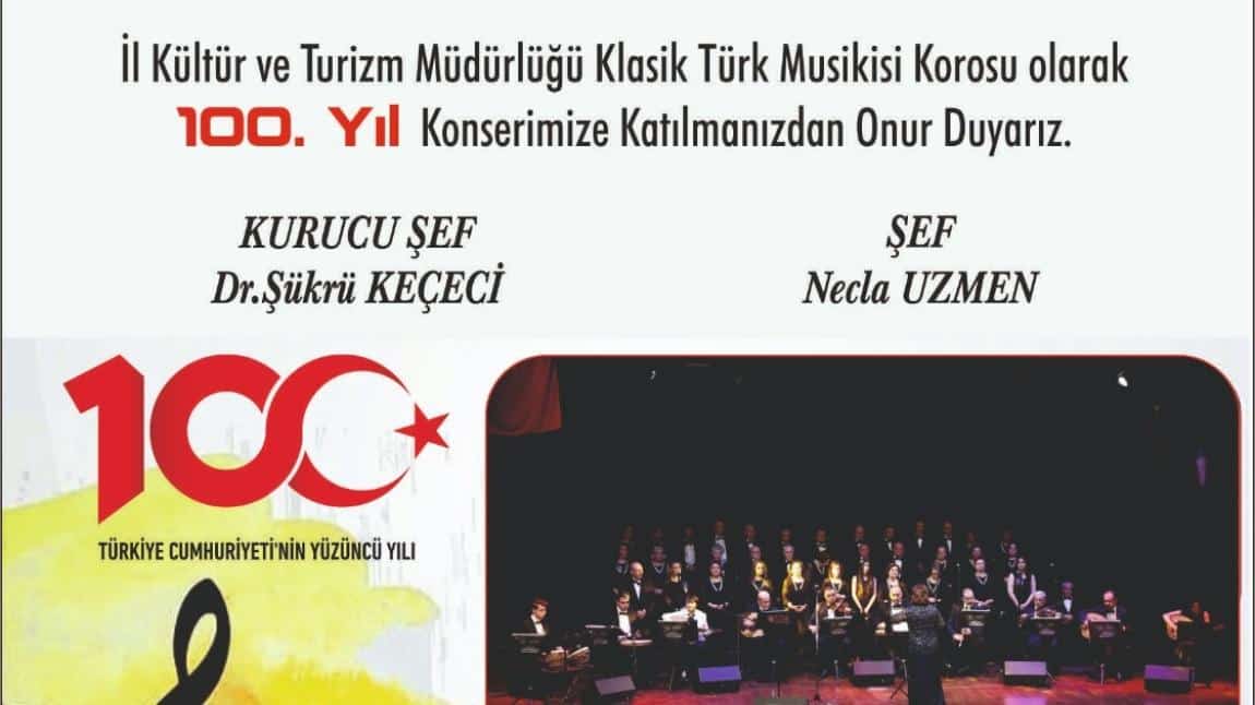 Okulumuz müzik öğretmeni Fatma Tabur'un da içinde bulunduğu İl Kültür Turizm Müdürlüğü Korosunun Konserine tüm velilerimiz davetlidir...